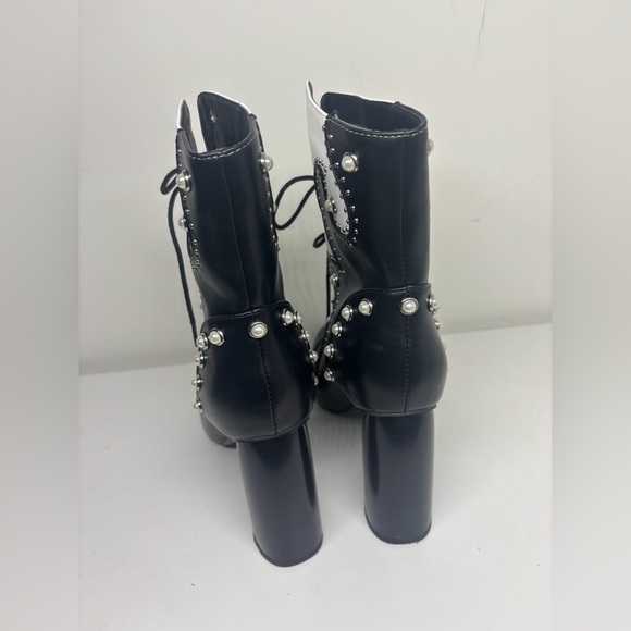 Azalea Wang Division Black White Lace Up Pearl Gem Heeled Square Toe Booties 11 - Picture 6 of 6